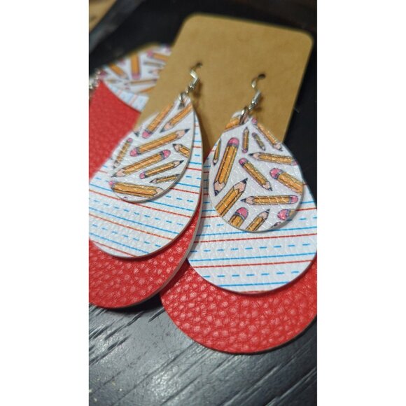 Dangle Teardrop Vinyl Teachers Earrings Pencil Notebook Lightweight - Picture 5 of 5